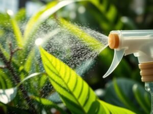 Borrifador sendo usado para aumentar a umidade em plantas tropicais