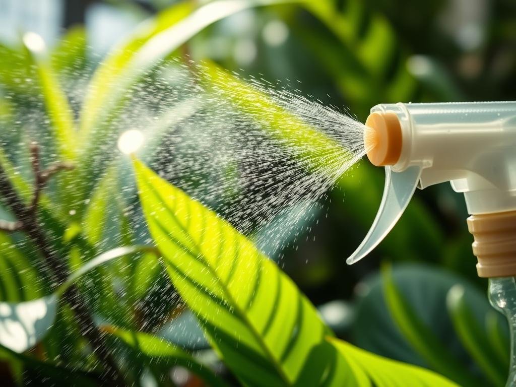 Borrifador sendo usado para aumentar a umidade em plantas tropicais