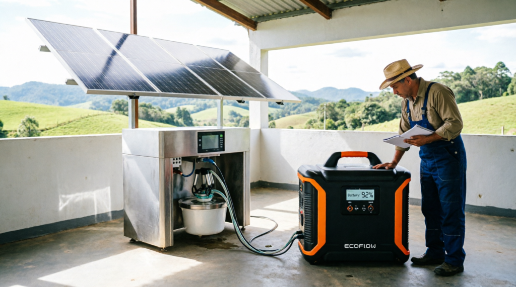 Produtor rural em Santa Catarina usando gerador de energia solar EcoFlow Delta conectado a ordenhadeira com painel solar ao fundo
