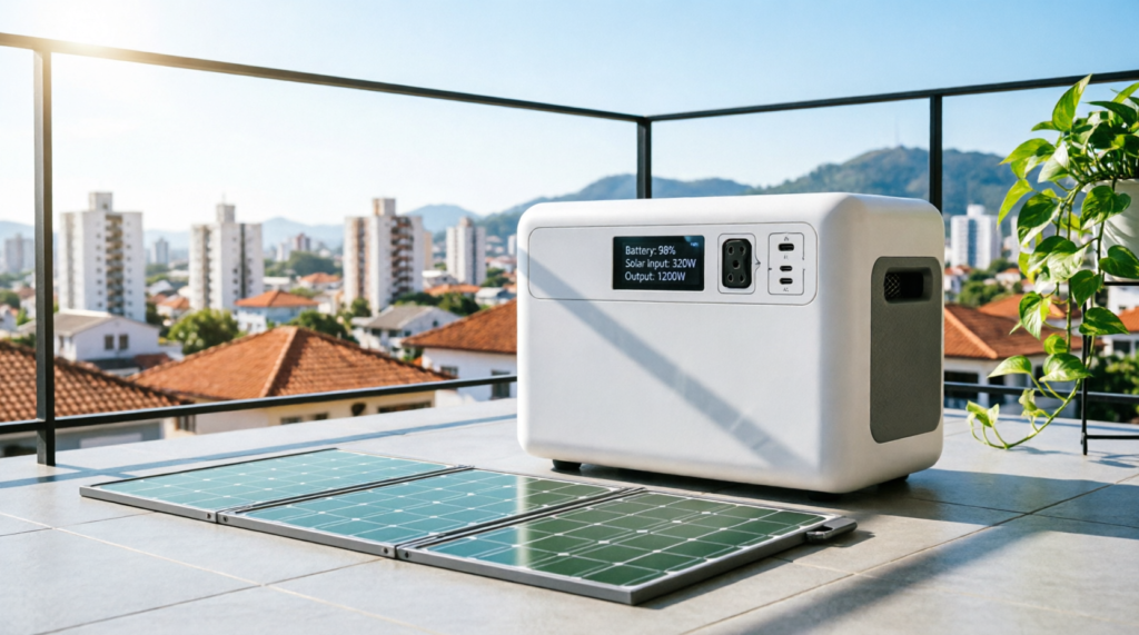 Gerador de energia solar portátil EcoFlow com painel solar dobrável em apartamento moderno em Santa Catarina mostrando autonomia energética residencial