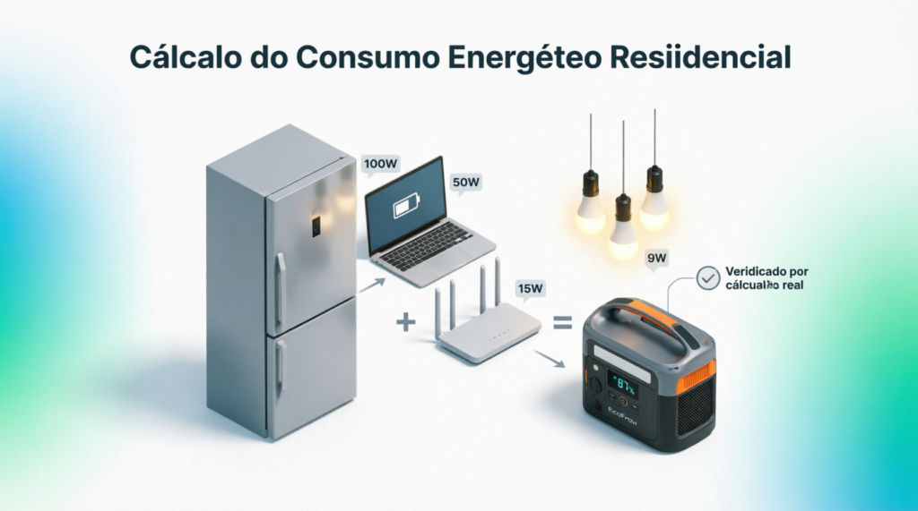 Infográfico mostrando cálculo de consumo em watts de aparelhos domésticos como geladeira notebook roteador e lâmpadas LED com estação de energia portátil para escolher modelo ideal