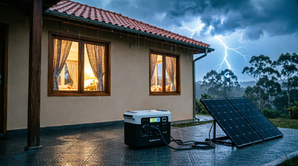 Casa em Santa Catarina protegida durante temporal com gerador de energia solar EcoFlow River 2 Pro na varanda mantendo energia funcionando durante apagão