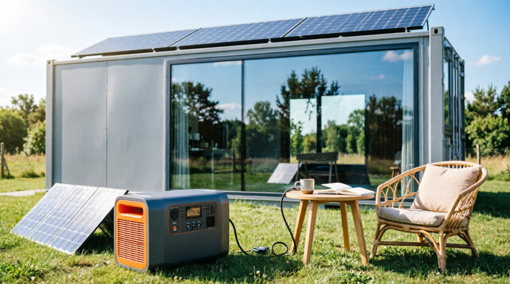 Casa container moderna em área verde com painéis solares no telhado e gerador de energia portátil com painel dobrável em primeiro plano, ilustrando solução off-grid sustentável.