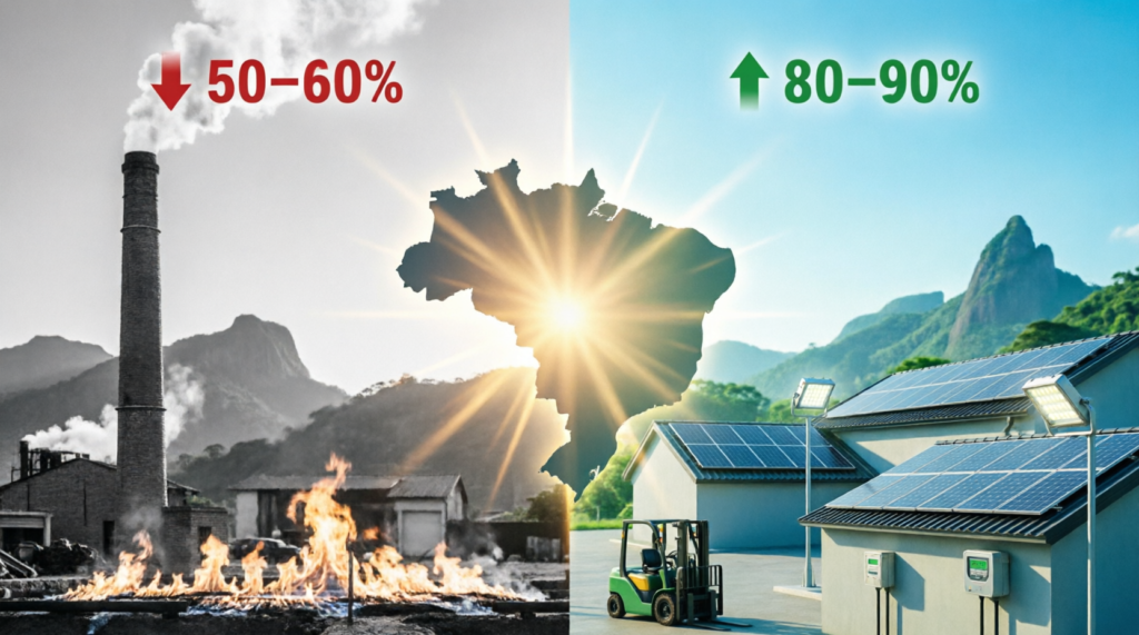 Infográfico comparativo da eletrificação no Brasil mostrando indústria poluente 50-60% versus energia solar limpa 80-90% potencial, mapa do Brasil com painéis solares