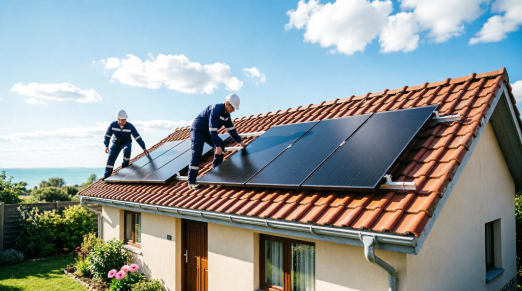 Técnicos instalando painéis solares no telhado de casa pequena e modesta em dia ensolarado, mostrando que imóveis compactos comportam sistema fotovoltaico