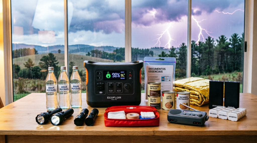 Kit de emergência familiar completo com estação de energia EcoFlow River 2 Pro, água, alimentos, primeiros socorros e lanternas para temporais em Santa Catarina