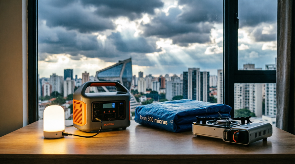 Kit de emergência com gerador de energia portátil, lona impermeável e fogareiro em apartamento, preparando a casa para temporal e Super El Niño em São Paulo.