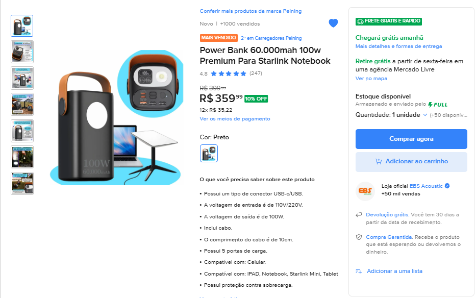 Power Bank 60.000mah 100w Premium Para Starlink Notebook