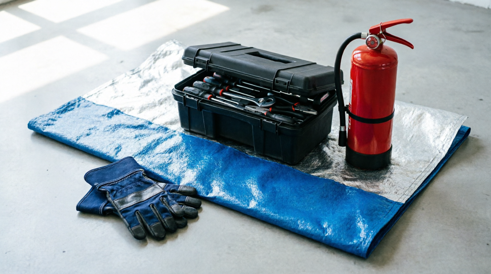 Proteção física e reparos emergenciais Lona reforçada, kit de ferramentas básicas, extintor de incêndio e luvas de proteção, itens essenciais para reparos emergenciais e segurança da residência