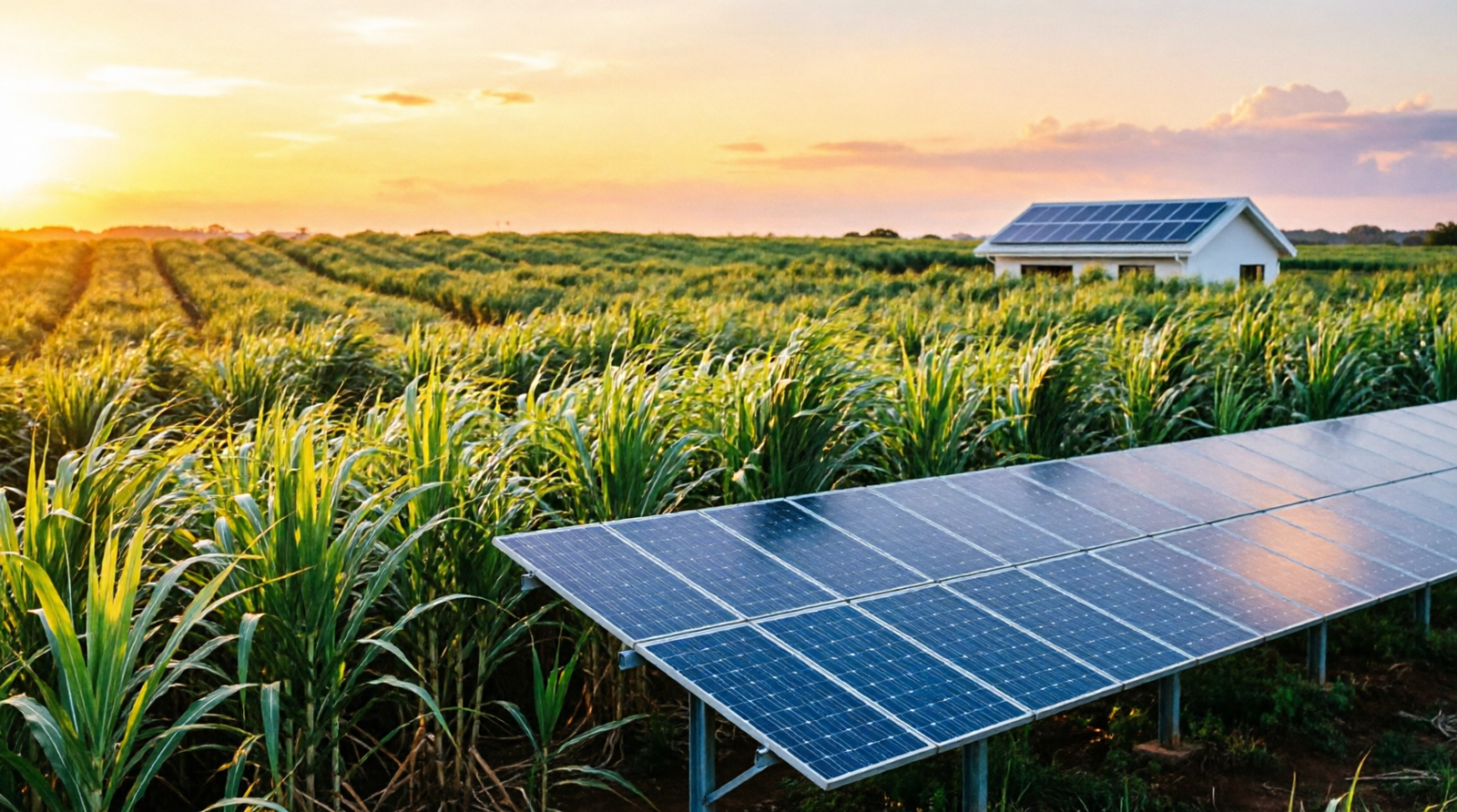 Lavoura de cana-de-açúcar ao pôr do sol com painéis solares em primeiro plano e casa com telhado solar ao fundo, representando a energia verde do agro no Brasil