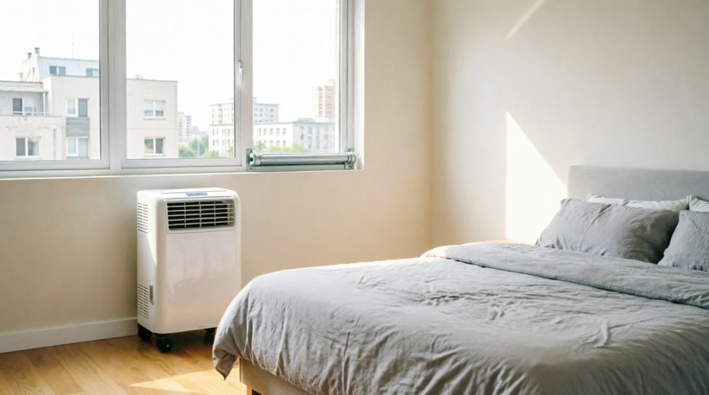 Ar-condicionado portátil sem condensadora externa em quarto de apartamento com kit de vedação instalado na janela