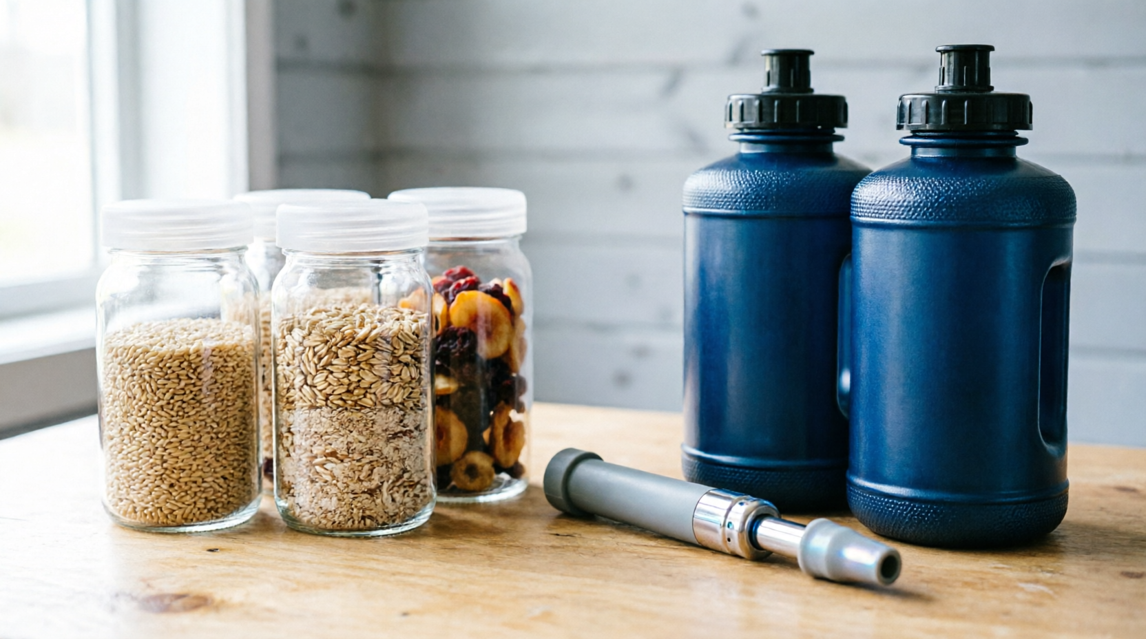 Armazenamento de água e alimentos para emergência Potes herméticos com alimentos não perecíveis, galões de água potável e filtro de água portátil, essenciais para sobrevivência em emergências climáticas