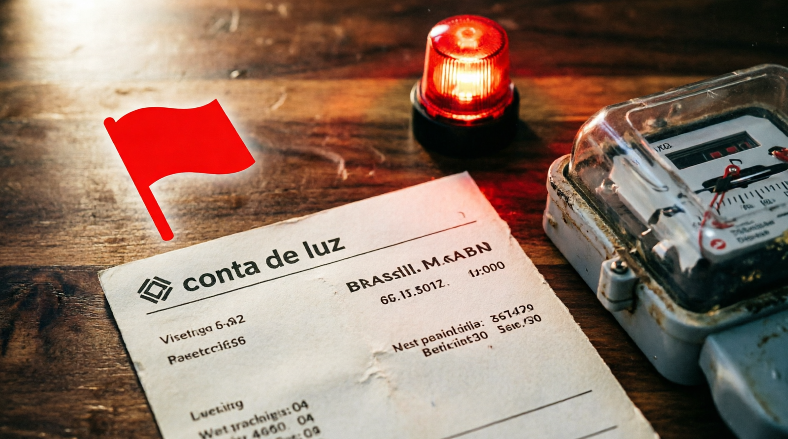 Conta de luz com bandeira vermelha e medidor de energia com luz de alerta acesa sobre mesa de madeira
