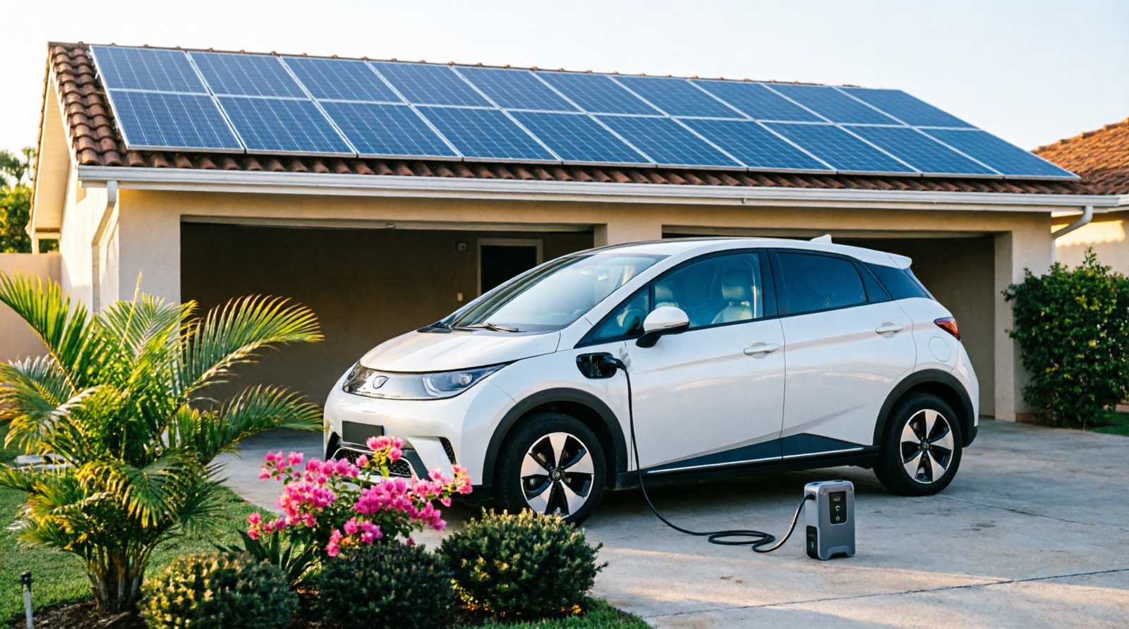 BYD Dolphin branco carregando em frente a casa brasileira com telhado coberto de painéis solares e jardim com flores