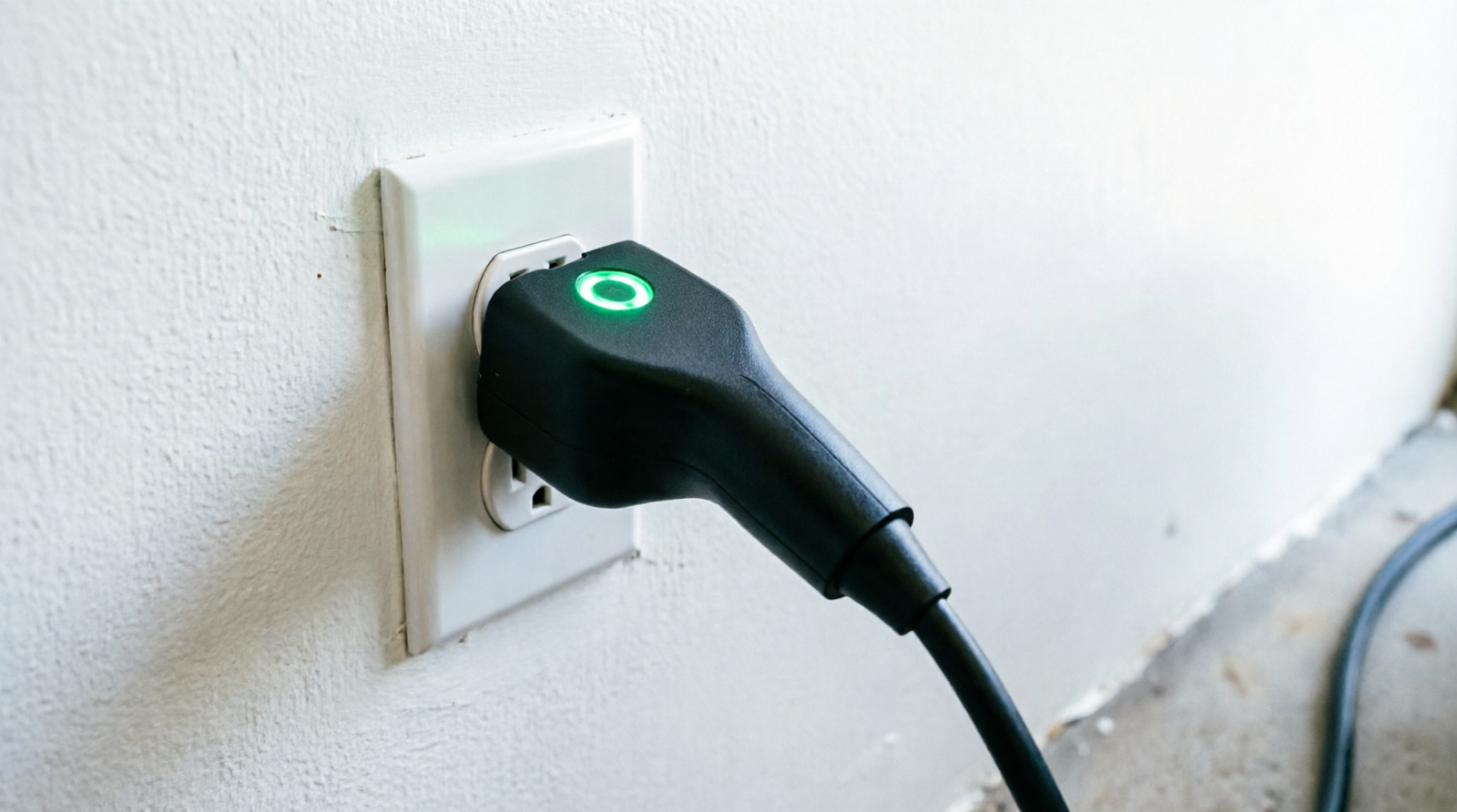 Carregador portátil de carro elétrico plugado em tomada residencial 20A na parede da garagem com LED verde aceso indicando carga segura