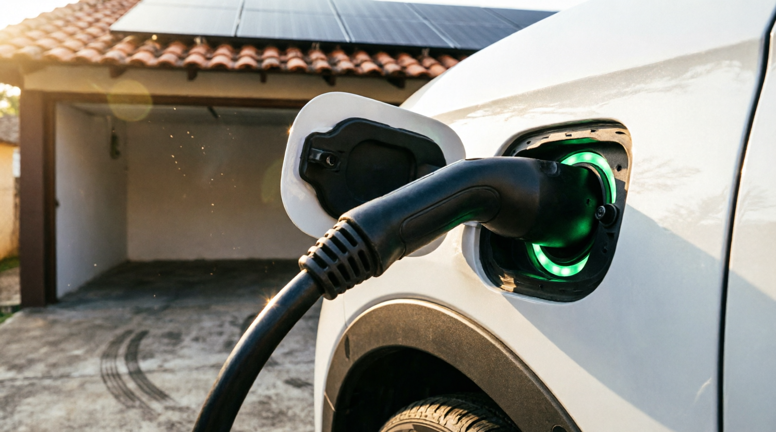    Carregador de carro elétrico portátil com conector Tipo 2 conectado em carro elétrico branco com LED verde, na garagem de casa brasileira com painel solar no telhado
