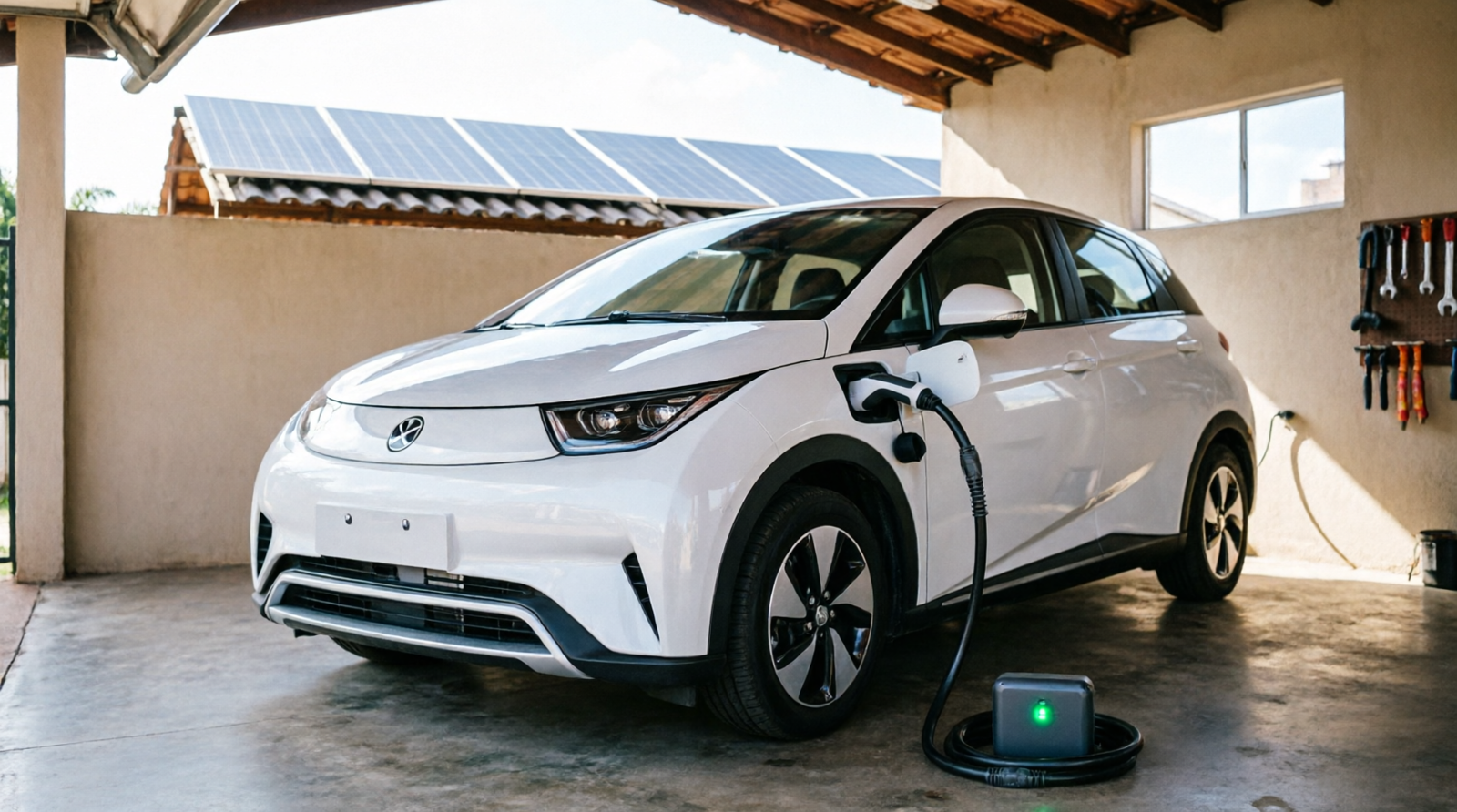 Carregador portátil de carro elétrico conectado em BYD Dolphin branco em garagem residencial com painel solar no telhado ao fundo