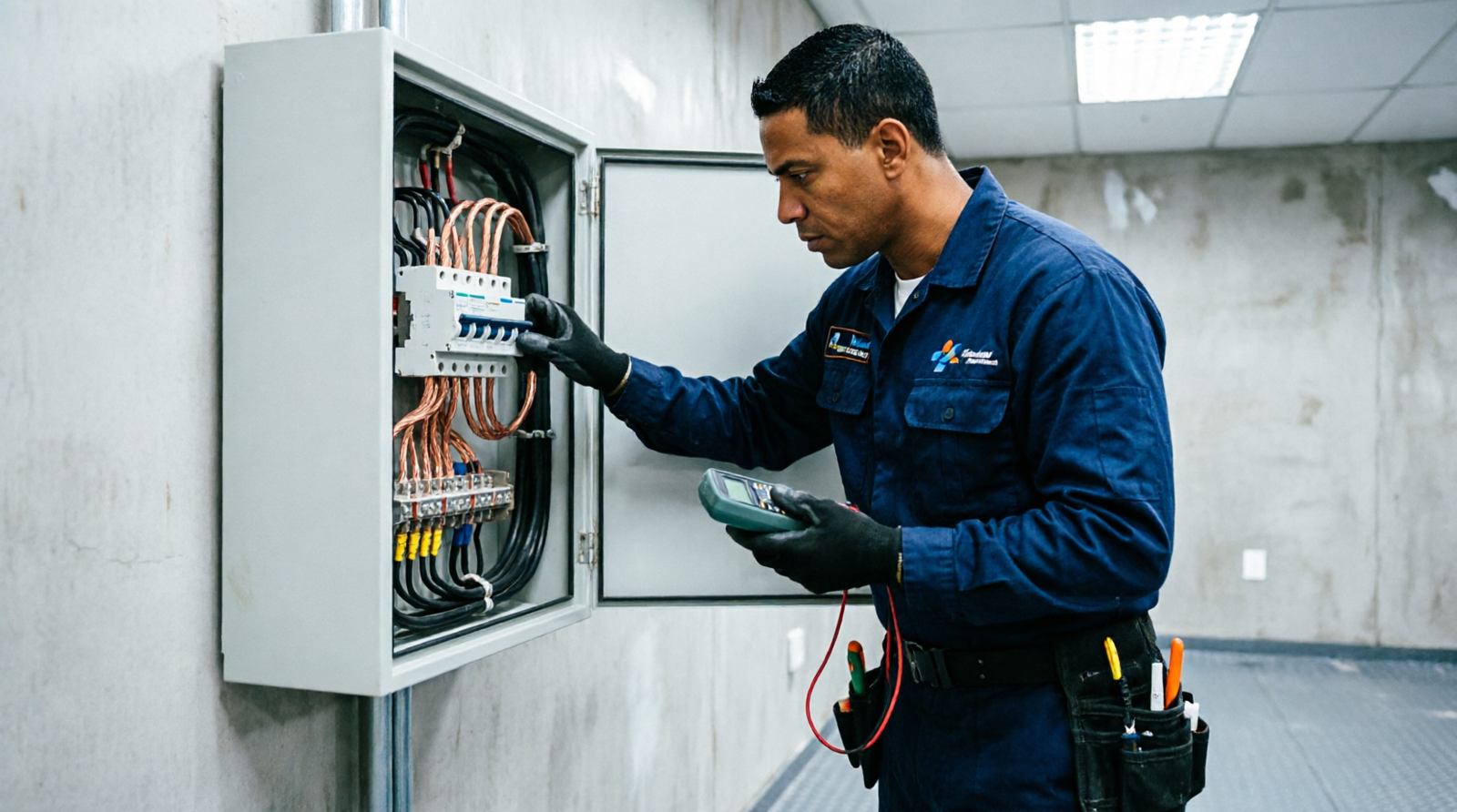 Eletricista brasileiro de uniforme azul conferindo disjuntor 32A e fiação 6mm no quadro de luz antes de instalar tomada industrial para carro elétrico