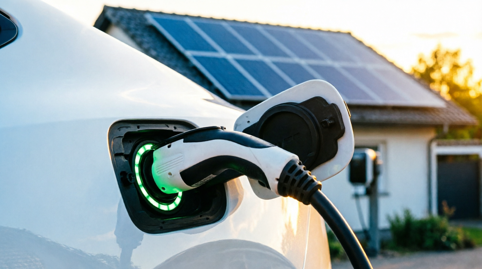 Carro elétrico branco carregando com conector Tipo 2 e LED verde em frente a casa com telhado coberto de painéis solares ao pôr do sol