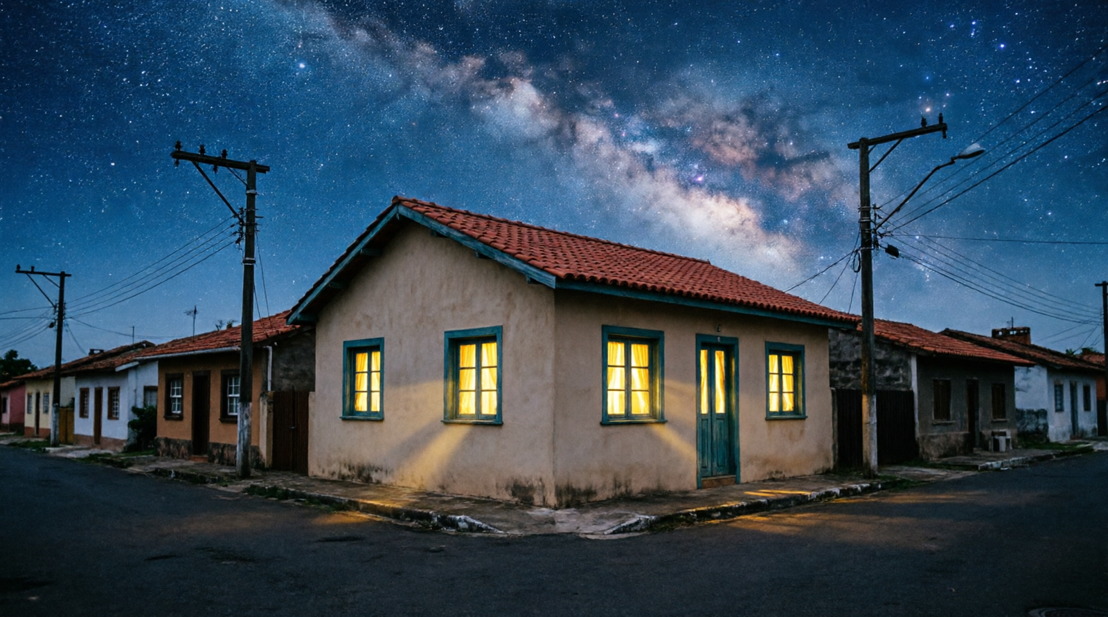 Casa brasileira iluminada à noite durante apagão com toda a rua escura ao redor e céu estrelado - o bairro apagou mas a casa com inversor híbrido continua com luz