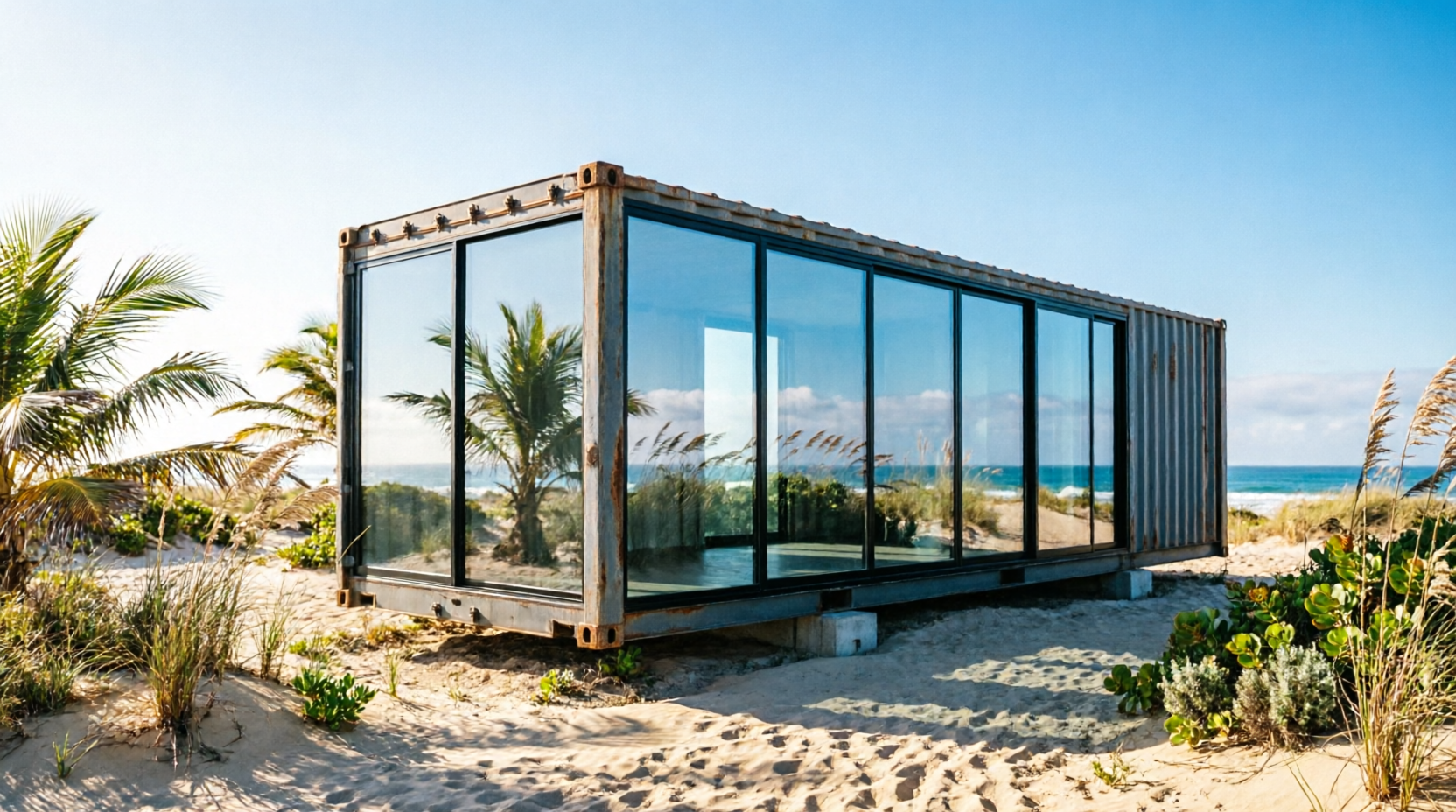 Casa container com paredes de vidro no litoral de Santa Catarina, exigindo proteção contra maresia