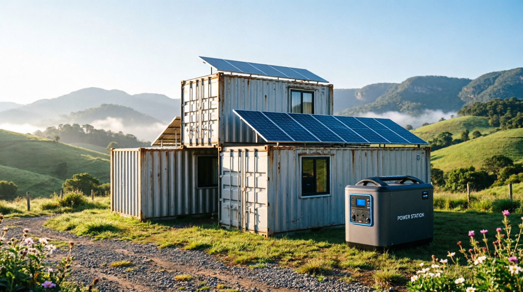 Casa container rural com painéis solares e estação de energia portátil nas colinas da serra catarinense