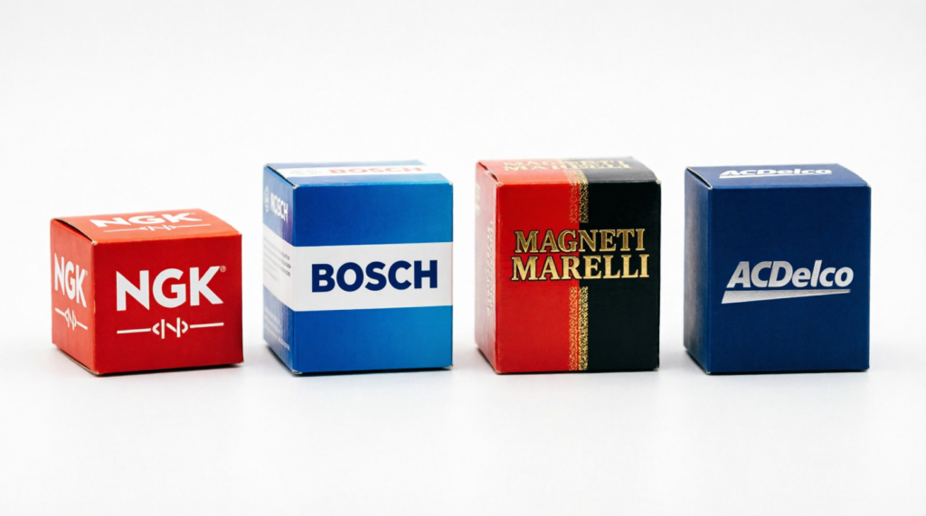 Comparação visual das quatro principais marcas de velas de ignição automotivas no Brasil: NGK, Bosch, Magneti Marelli e ACDelco em embalagens originais