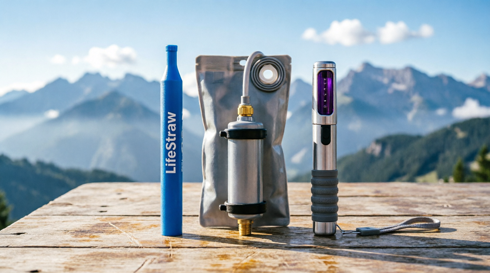 Diferentes modelos de purificadores de água portáteis lado a lado, mostrando tamanhos e designs variados