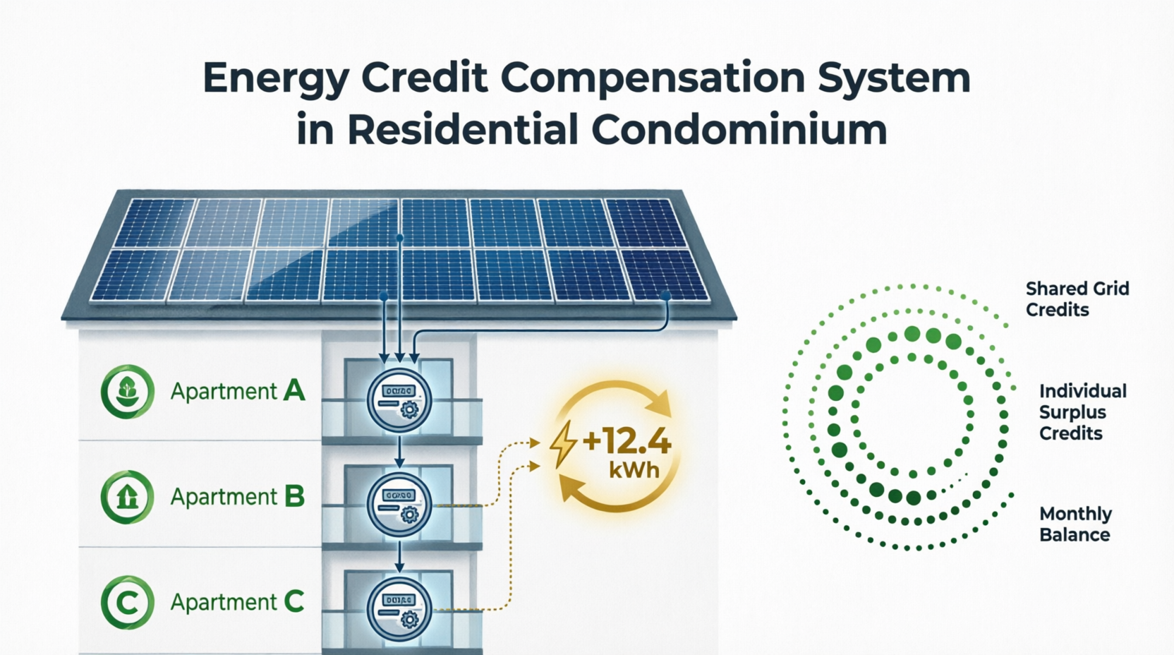 Infográfico explicando sistema de compensação de créditos de energia solar entre apartamentos de condomínio conforme resolução ANEEL 2026