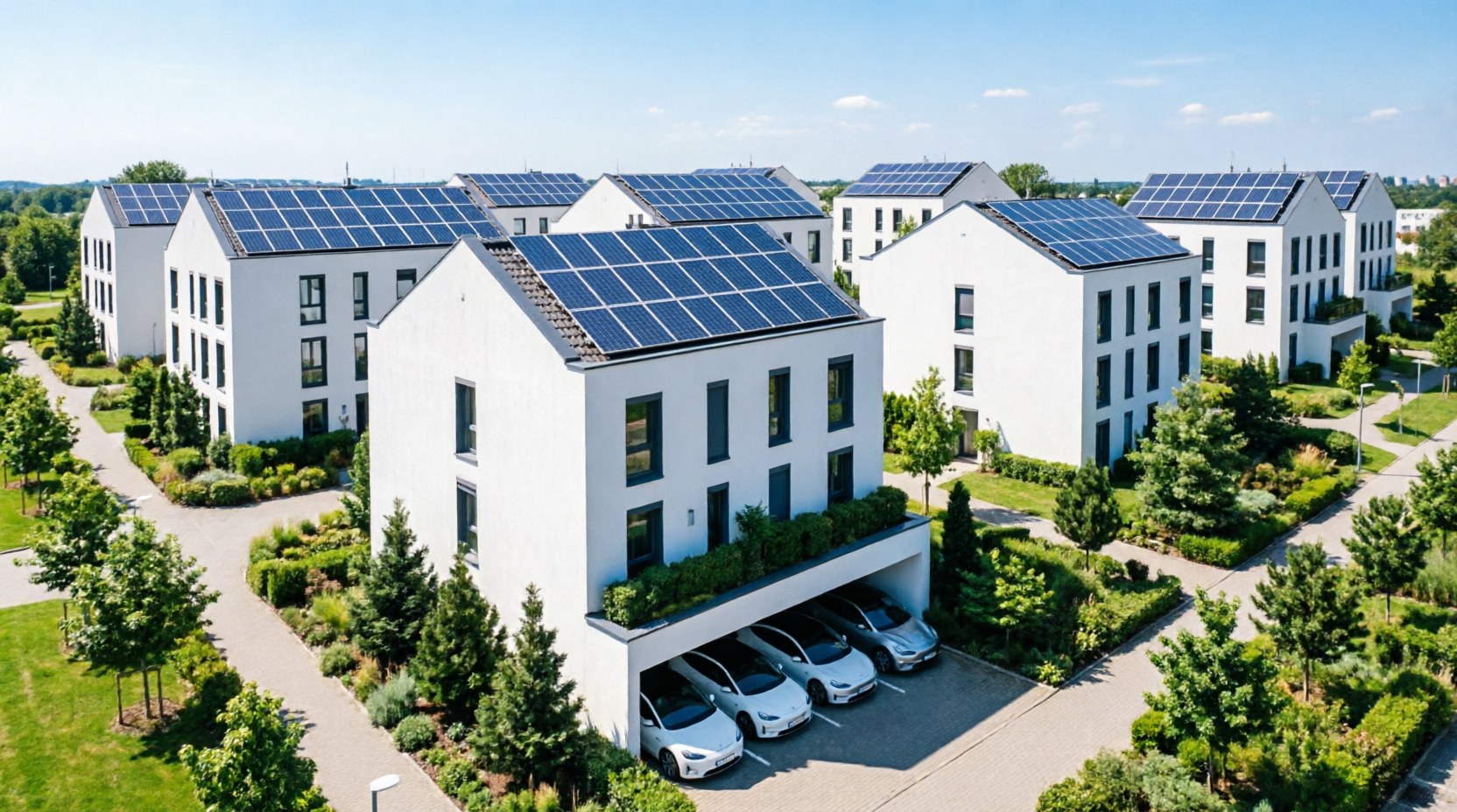 Vista aérea de condomínio residencial com painéis solares nos telhados e veículos elétricos na garagem, demonstrando valorização e retorno do investimento em energia solar