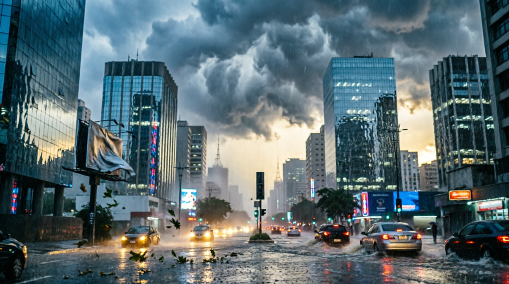Temporal severo e apagão em São Paulo durante o El Niño 2026, com chuvas intensas e ventos fortes na cidade