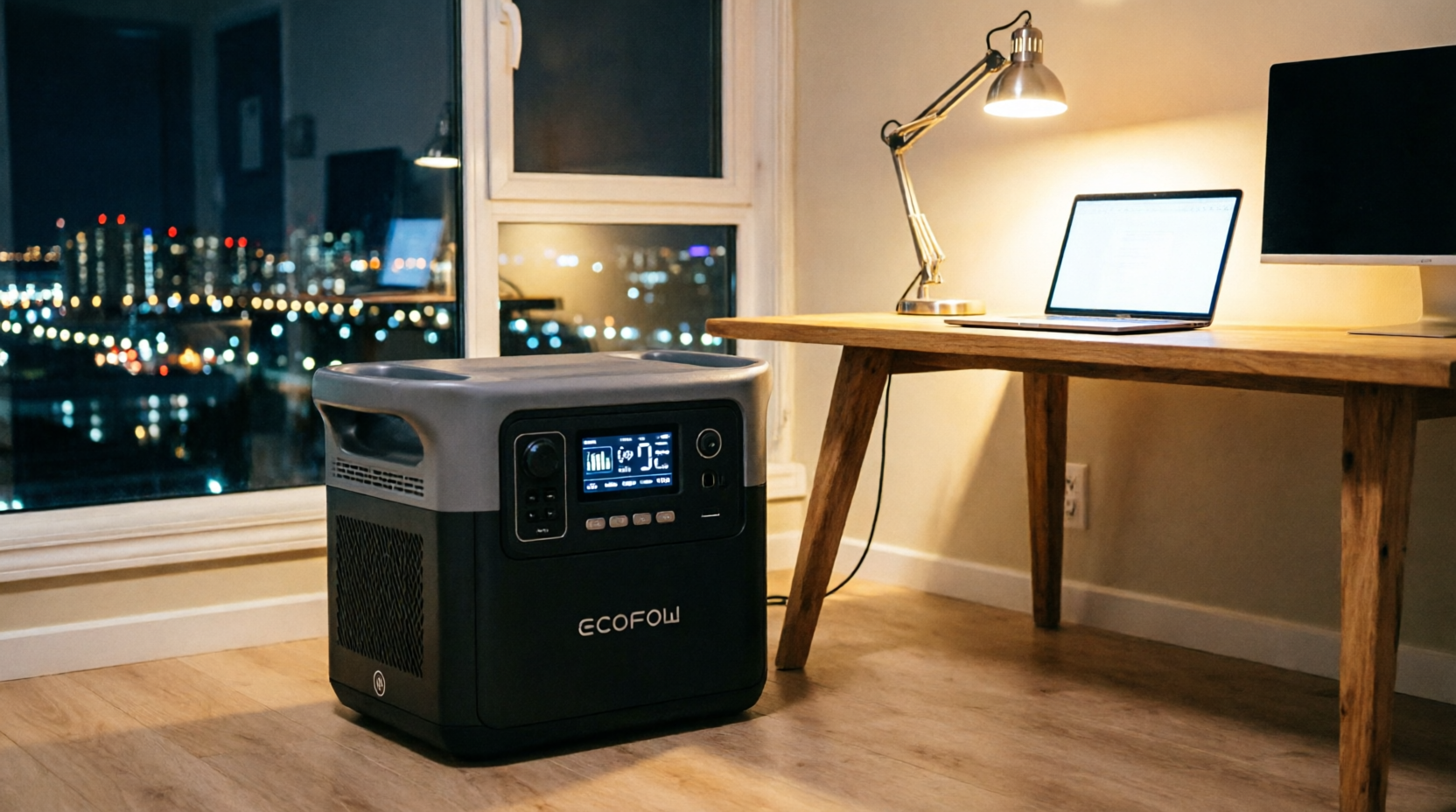 Estação de energia portátil EcoFlow Delta 3 em home office, operando silenciosamente ao lado de notebook e monitor