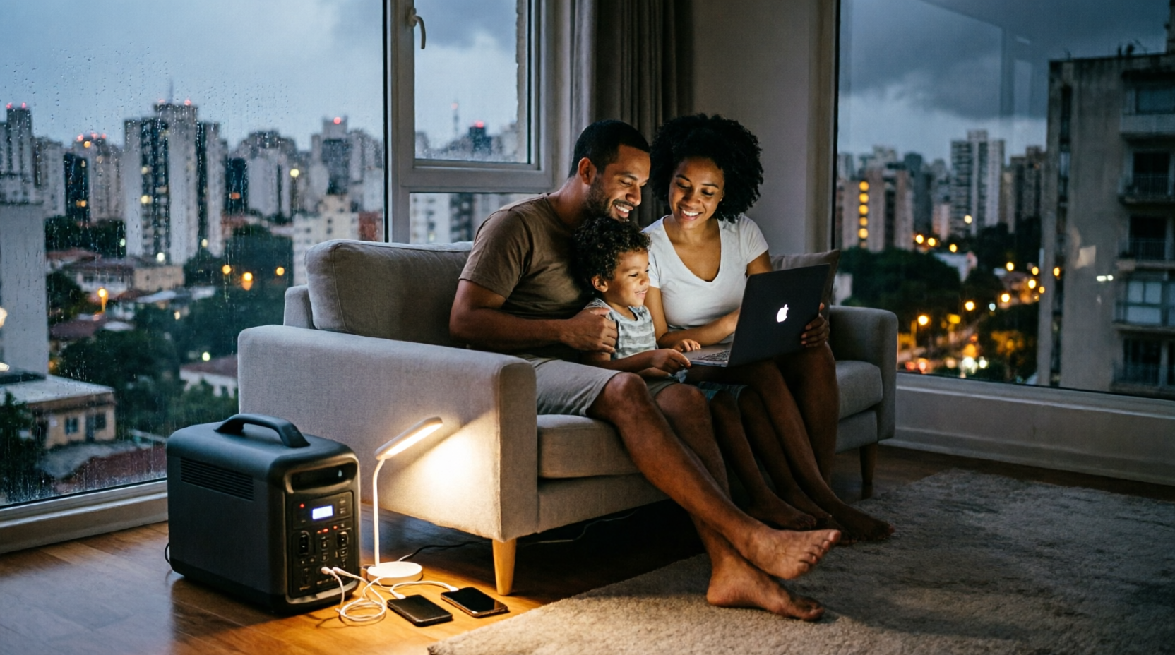 Família usando notebook e celulares durante apagão, alimentados por estação de energia portátil em apartamento