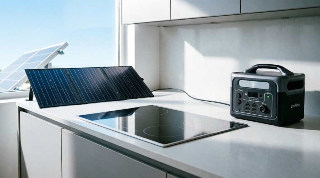 Fogão de indução elétrico alimentado por gerador de energia solar portátil EcoFlow com painel solar, solução de independência energética