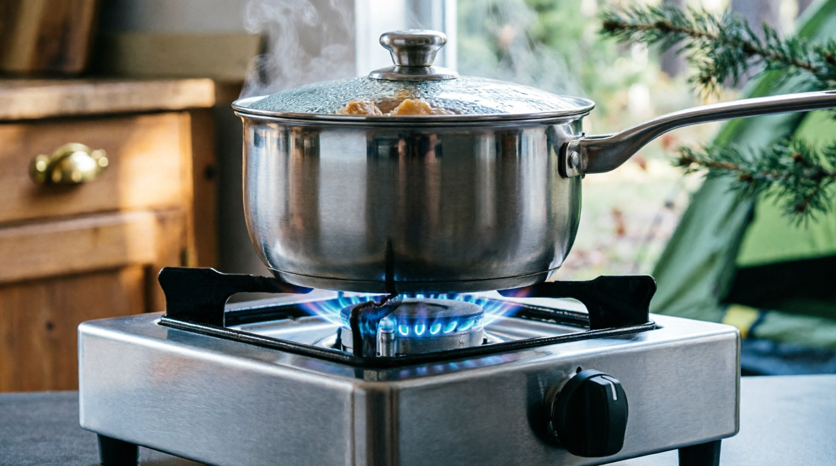 Fogareiro portátil a gás Fogareiro portátil a gás sendo usado para cozinhar, alternativa econômica ao botijão de cozinha tradicional