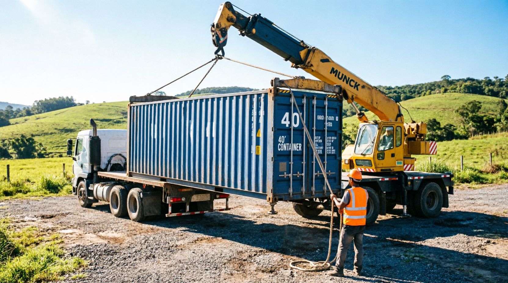 Caminhão Munck descarregando container marítimo de 40 pés em terreno preparado no interior do Brasil