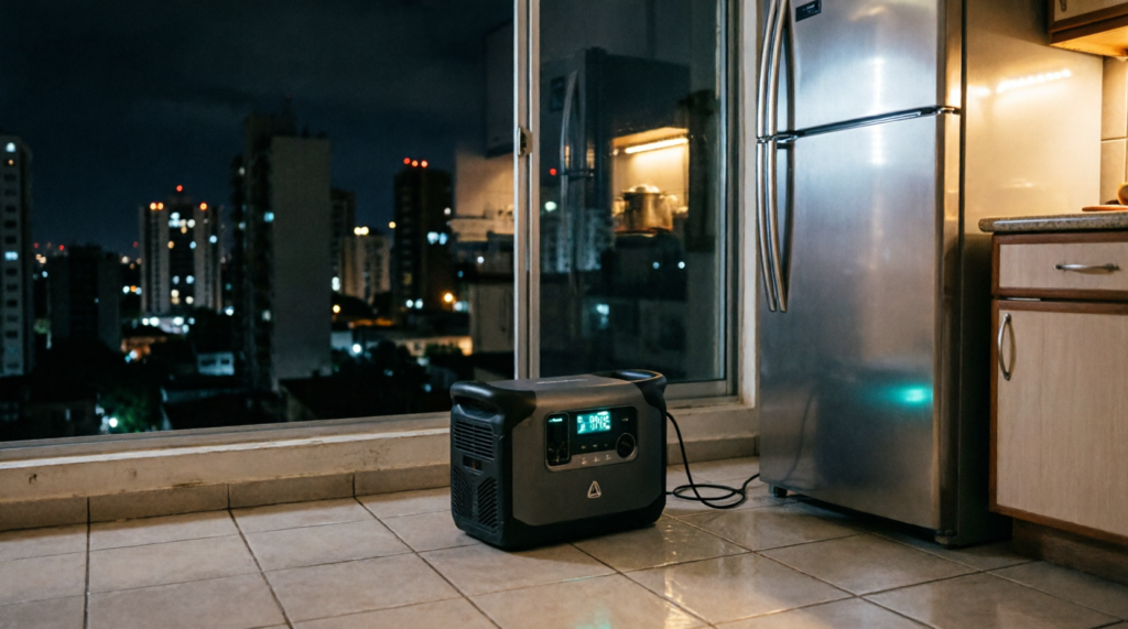 Gerador de energia portátil mantendo geladeira funcionando durante apagão noturno em apartamento