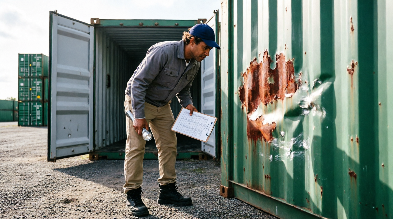 Comprador inspecionando container usado com lanterna e checklist em pátio de venda de containers