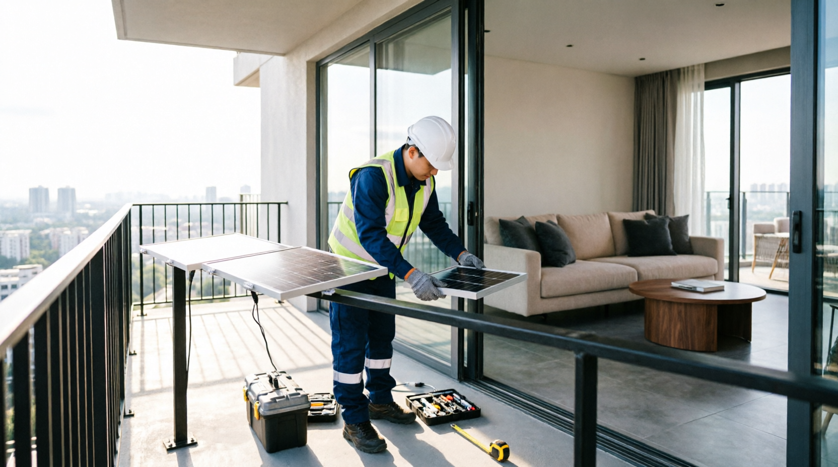 Técnico uniformizado instalando painel solar na varanda de apartamento moderno com vista para a cidade, demonstrando opção de microgeração individual permitida pela ANEEL 2026