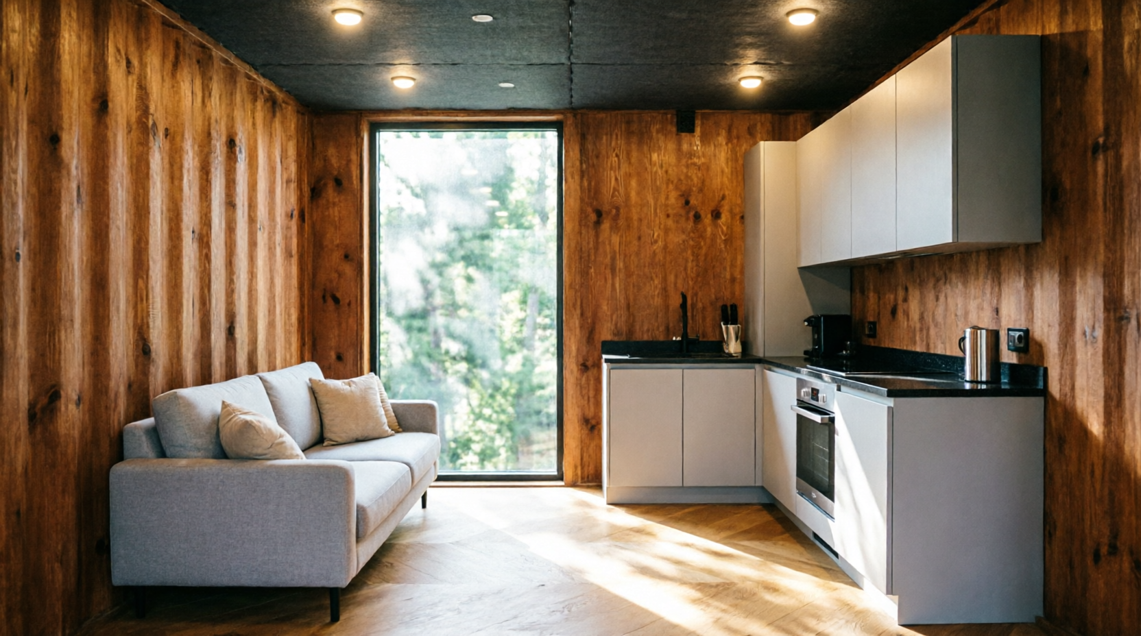 Interior de casa container com acabamento em madeira, cozinha moderna e isolamento térmico confortável