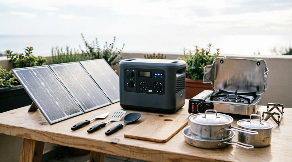 Kit completo de cozinha off-grid com gerador de energia EcoFlow, fogareiro portátil e painel solar, solução de independência energética