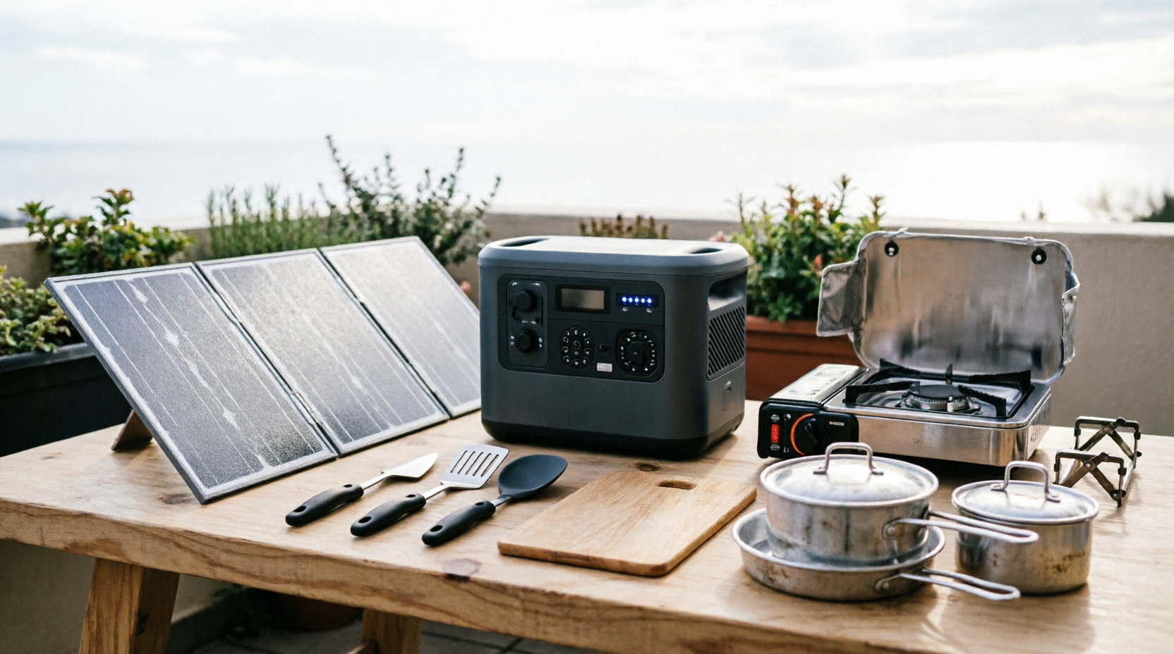 Kit completo de cozinha off-grid Kit completo de cozinha off-grid com gerador de energia EcoFlow, fogareiro portátil e painel solar, solução de independência energética