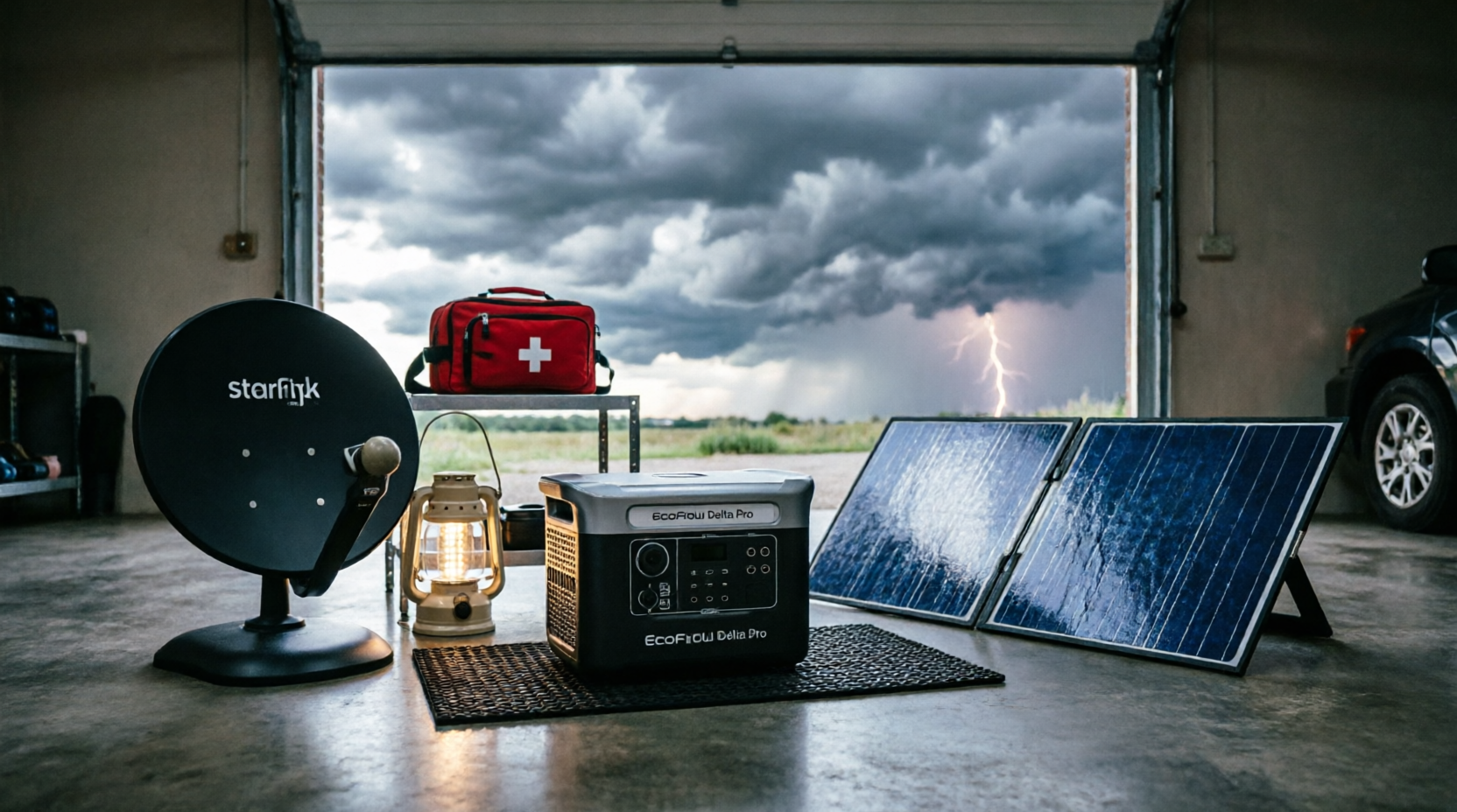 Kit de emergência climática em garagem com antena Starlink, estação EcoFlow Delta Pro, painéis solares e kit de primeiros socorros, com tempestade ao fundo