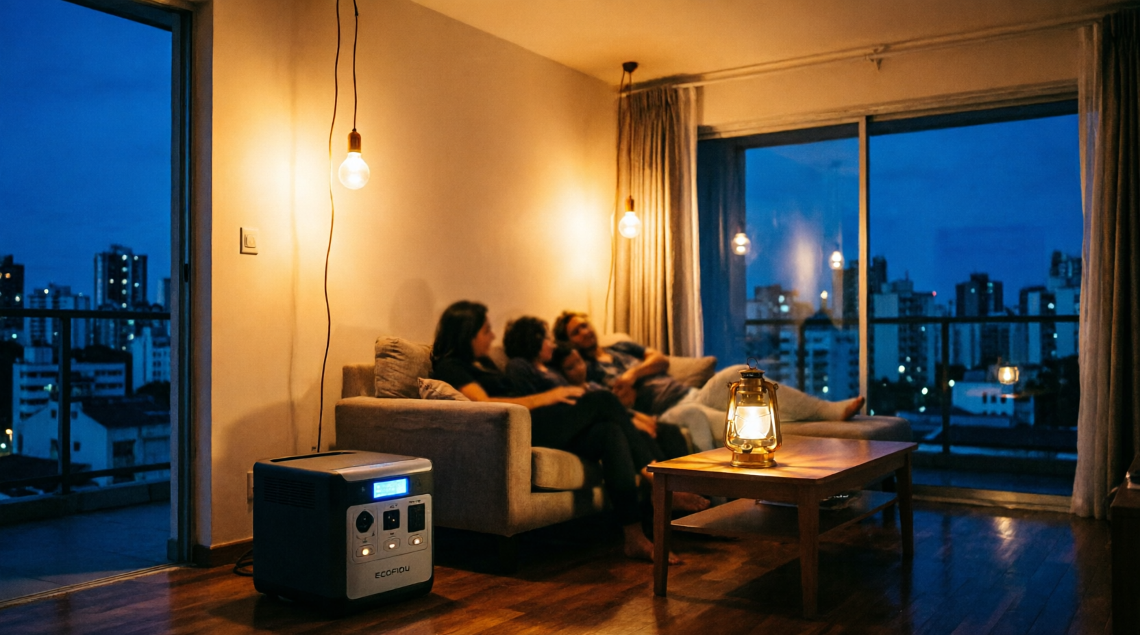 Sala iluminada por luz de emergência durante apagão noturno com estação de energia EcoFlow alimentando lâmpadas LED