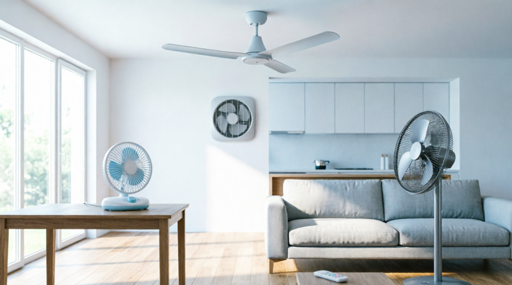 Diferentes tipos de ventiladores residenciais: teto com controle remoto, coluna portátil, parede e mesa em ambiente moderno