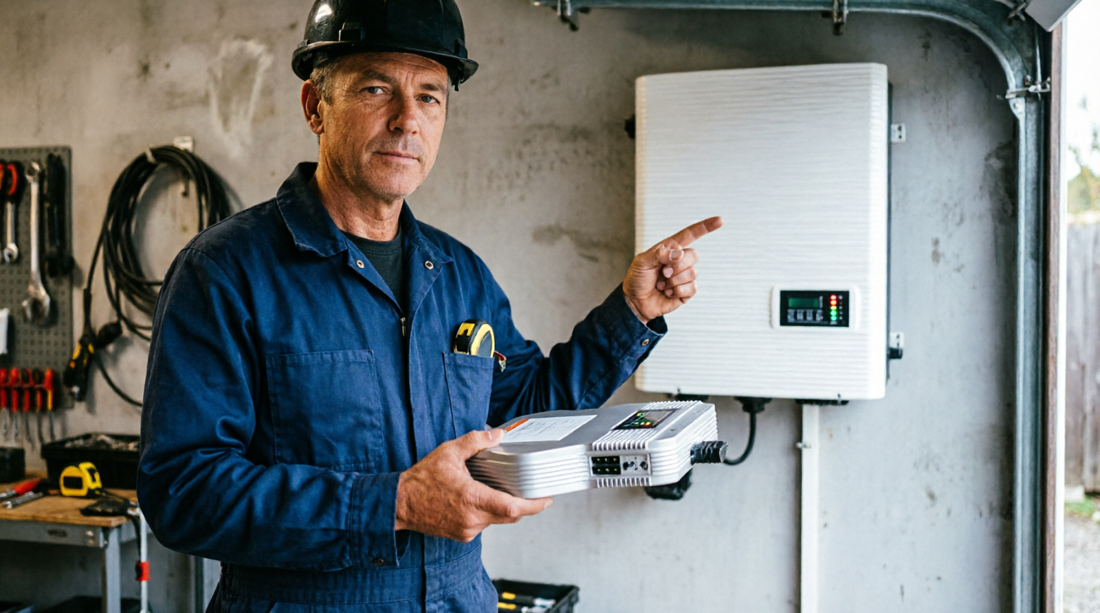 Eletricista segurando microinversor solar na mão e apontando para inversor string instalado na parede comparando as duas tecnologias de energia solar