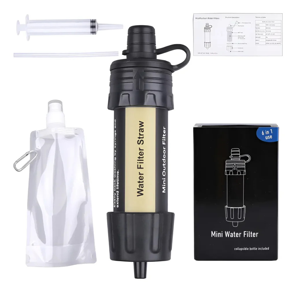 Comparativo de 3 modelos de purificadores de água portáteis: LifeStraw, Sawyer Squeeze e purificador UV para emergências e trilhas