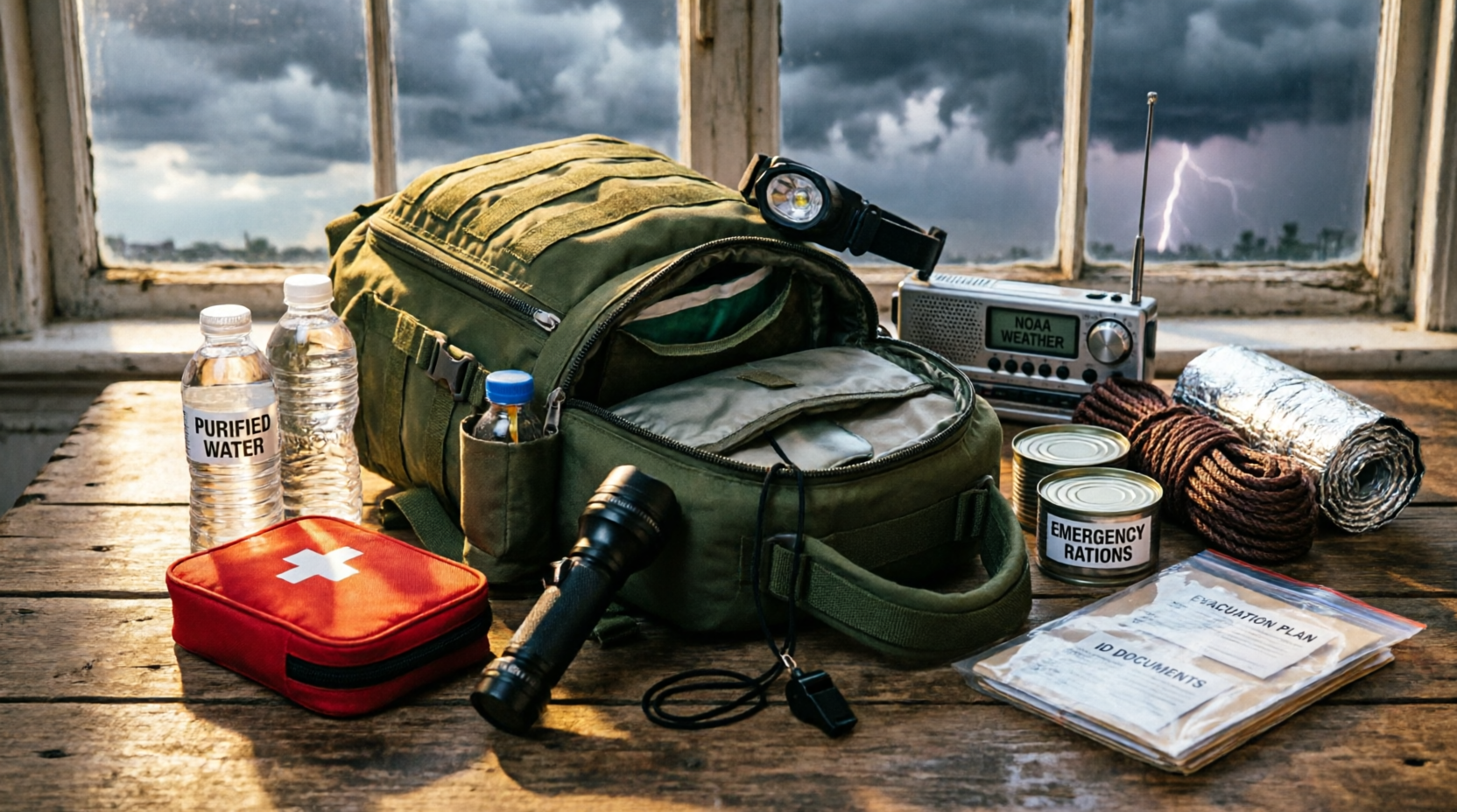 Mochila tática de emergência aberta sobre mesa de madeira com suprimentos de sobrevivência organizados — água, kit de primeiros socorros, lanterna, rádio, paracord e documentos em saco estanque — com tempestade ao fundo