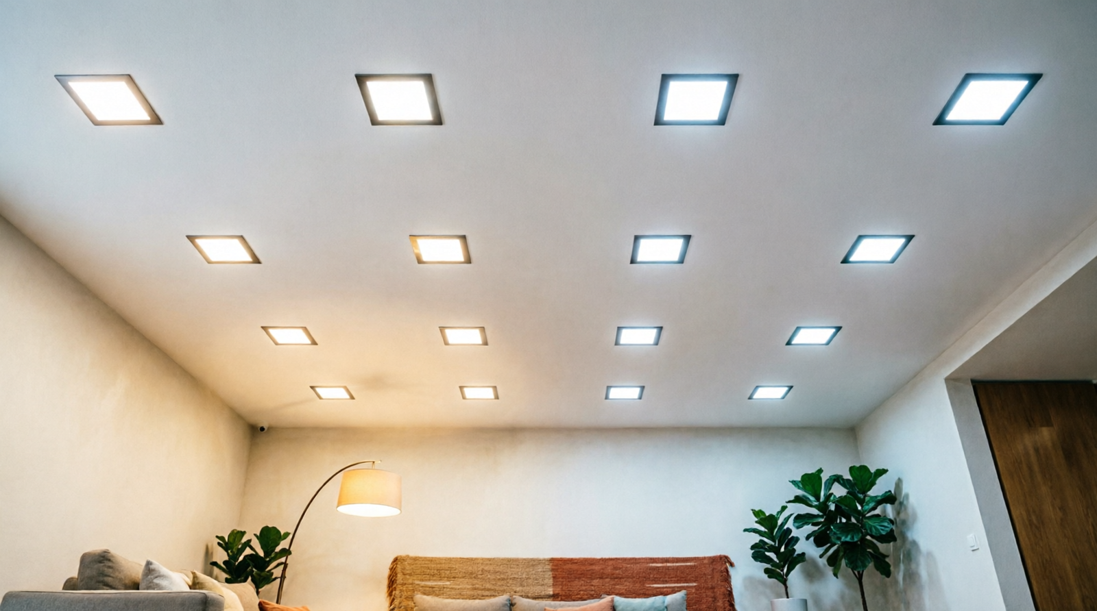Sala moderna com painéis de LED embutidos no teto em luz quente e luz branca