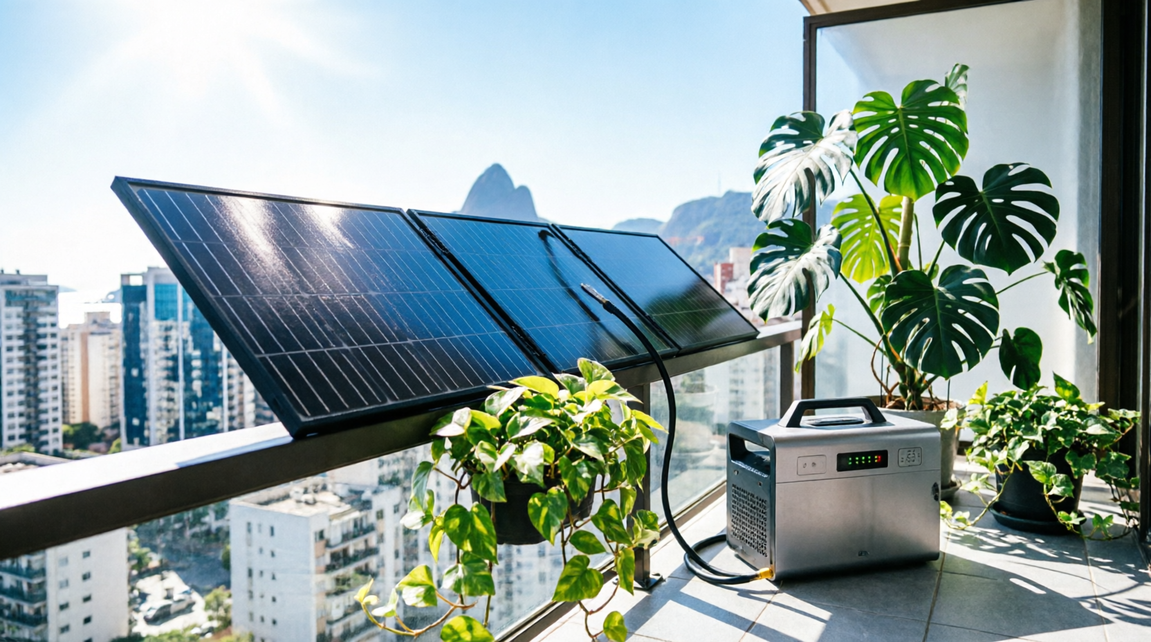 Painel solar portátil carregando estação de energia na varanda de apartamento em dia ensolarado